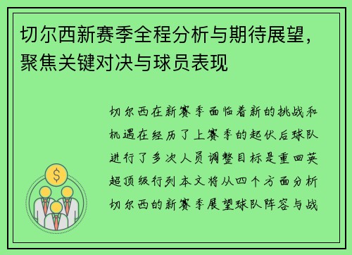 切尔西新赛季全程分析与期待展望，聚焦关键对决与球员表现